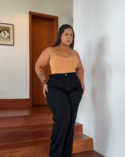 Calça Leg Wide Brilho Preta Plus Size