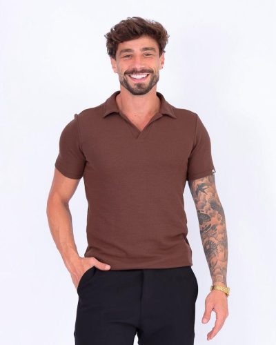 Camisa Masculina Polo Marrom Malha Waffle