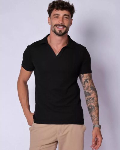 Camisa Masculina Polo Preta Malha Waffle