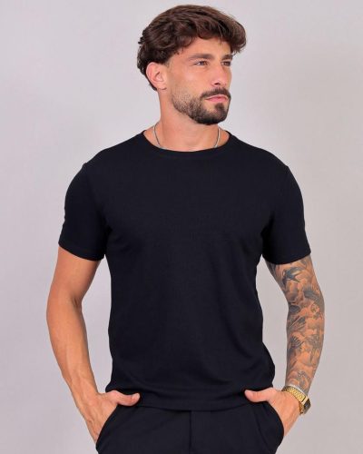 Camiseta Maculina Preta Malha Waffle